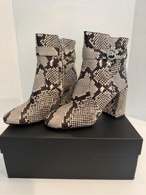 Coach Snake-Print Block Heel Ankle Boots with Buckle Detail - Brown/Black